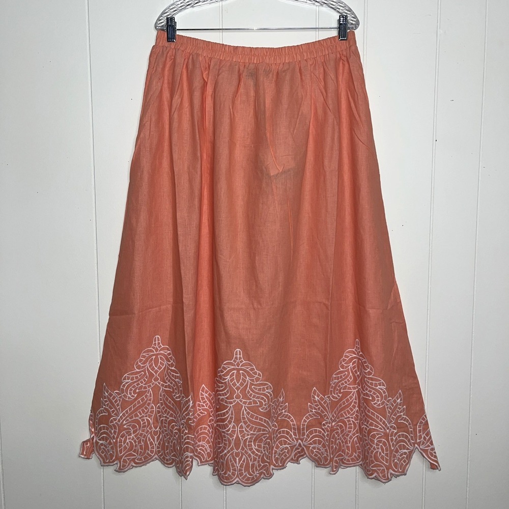 NWT Ming Wang Women's Size M Embroidered‎ Linen Blend Midi Skirt Elastic Waist